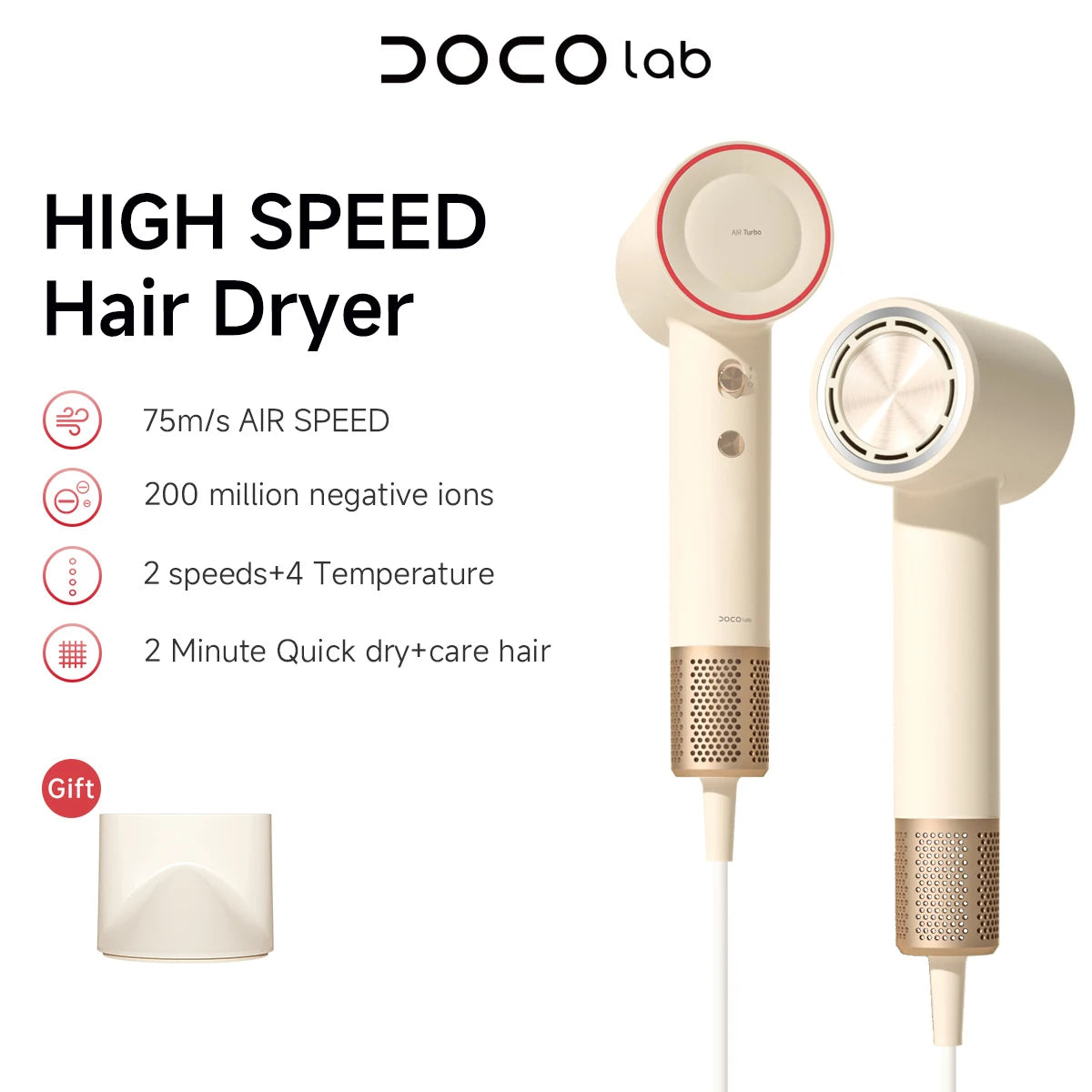 DOCO Hair Dryer High Speed 200 million Negative Ions Hair Care Professional Lightweight Home Travel Gift 11000 Rpm