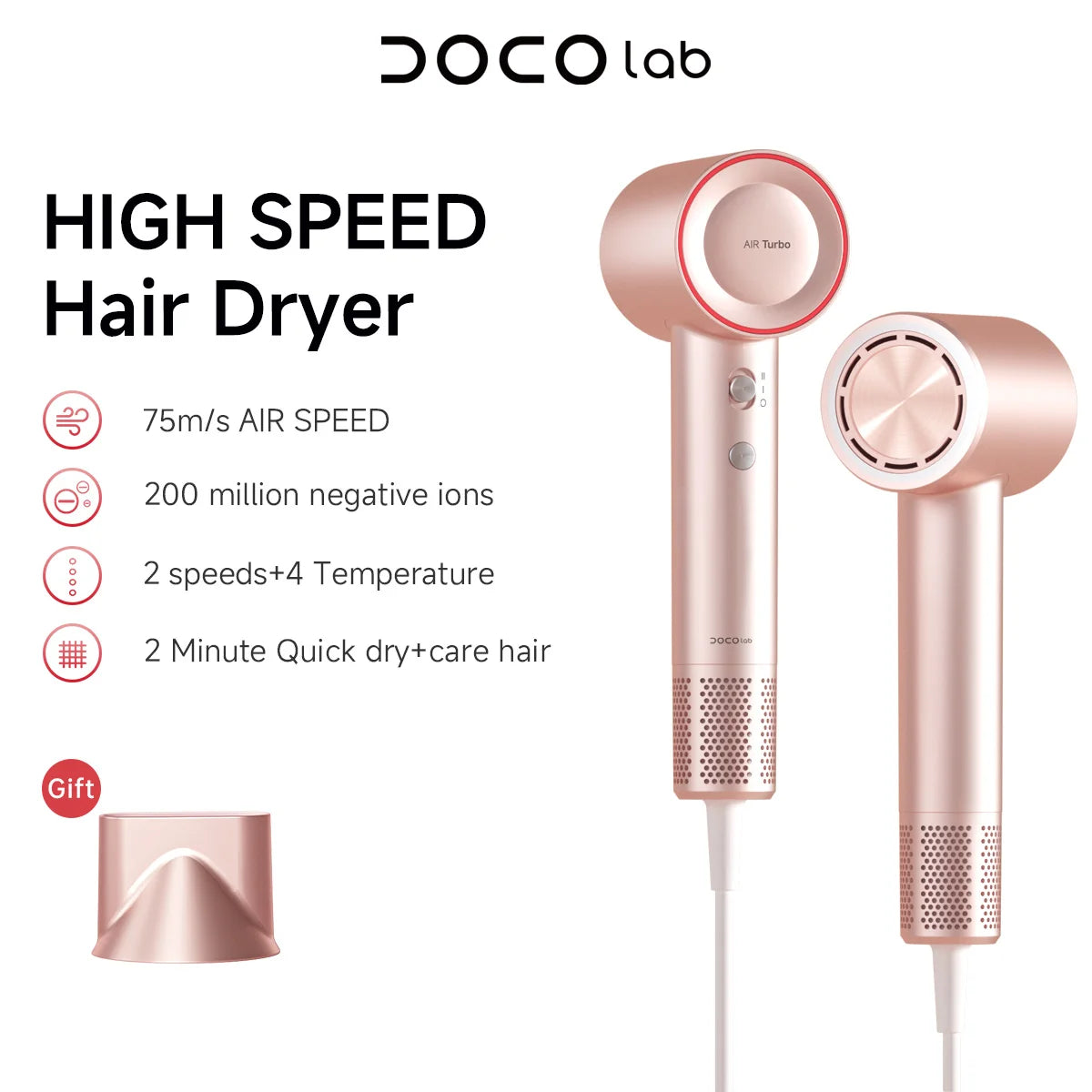 DOCO Hair Dryer High Speed 200 million Negative Ions Hair Care Professional Lightweight Home Travel Gift 11000 Rpm