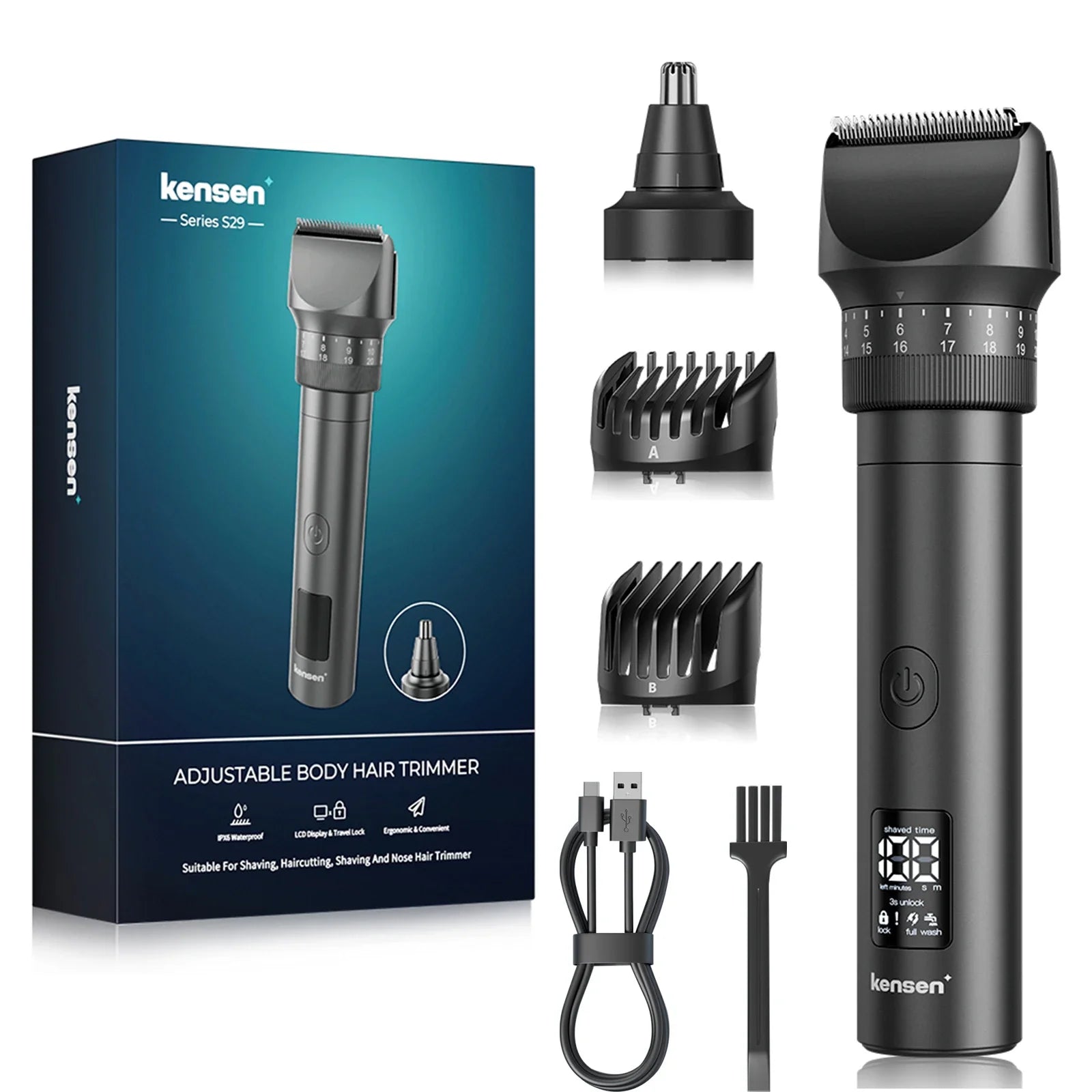 Kensen S29 Hair Tirmmer for Men 2 in 1 Adjustable Hair Clipper Kit Electric Razor Dry/Wet Hair Cutting Machine Nose Hair Trimmer