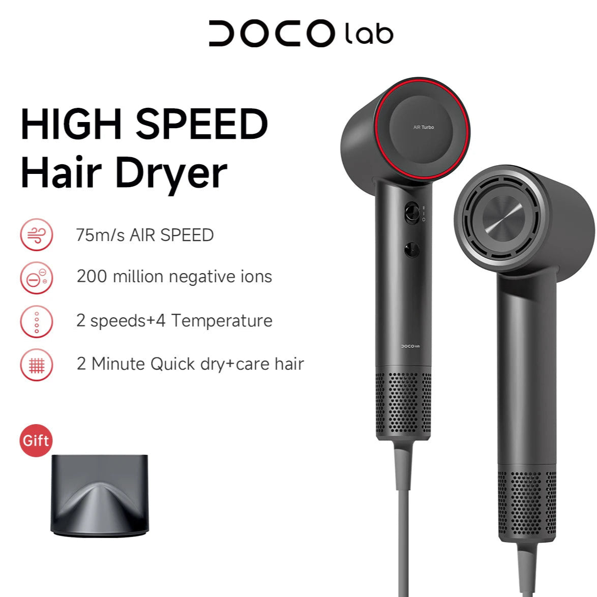 DOCO Hair Dryer High Speed 200 million Negative Ions Hair Care Professional Lightweight Home Travel Gift 11000 Rpm